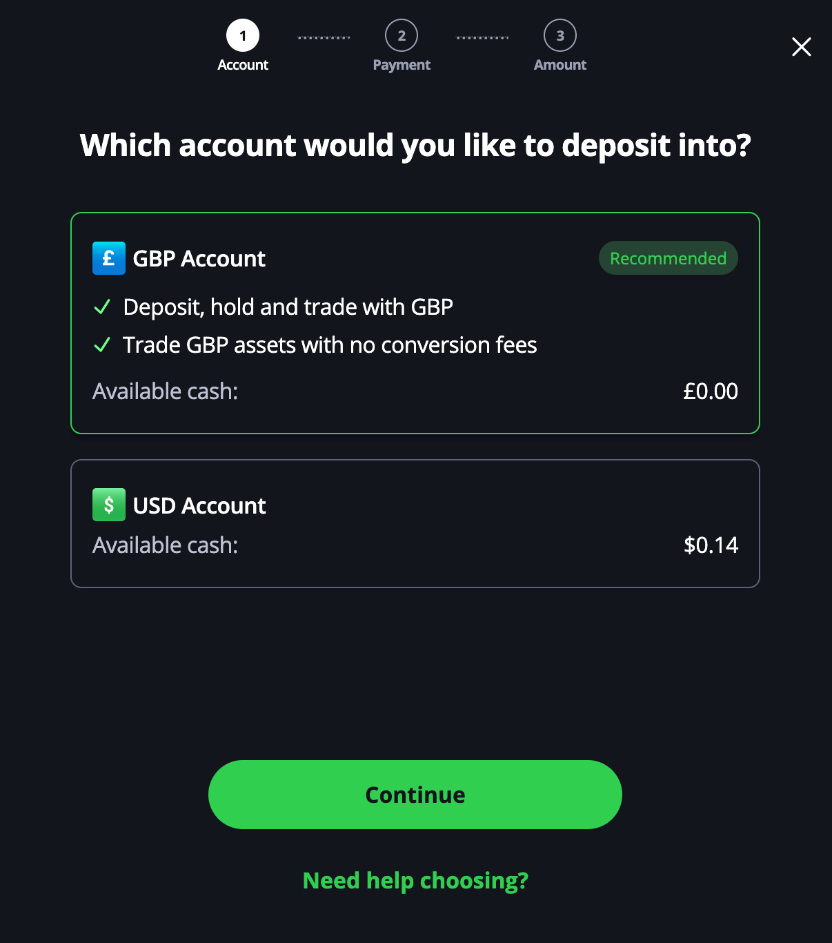 Depositing money into eToro.